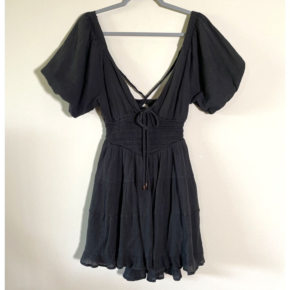 Free People Women's Perfect Day Mini Boho Dress Size XS Washed Black Smocked - Picture 2 of 11